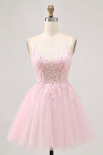 Pink A Line Corset Tulle Short Cocktail Dress with Appliques
